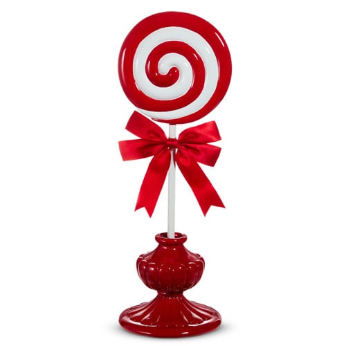 Tall multicolored resin lollipop decoration with a candy cane pattern on an iron stand.
