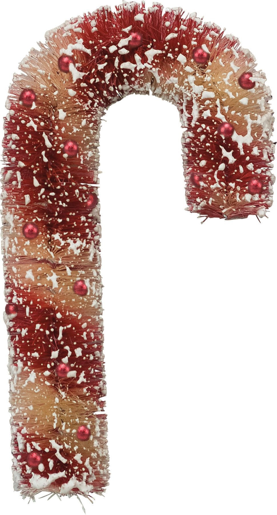 Small bristle candy cane with red and white stripes, tiny red ball ornaments, and a snowy white coating.
