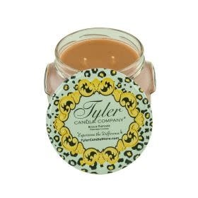 11oz Tyler Candle in a glass jar with a light green leopard print lid featuring gold accents.