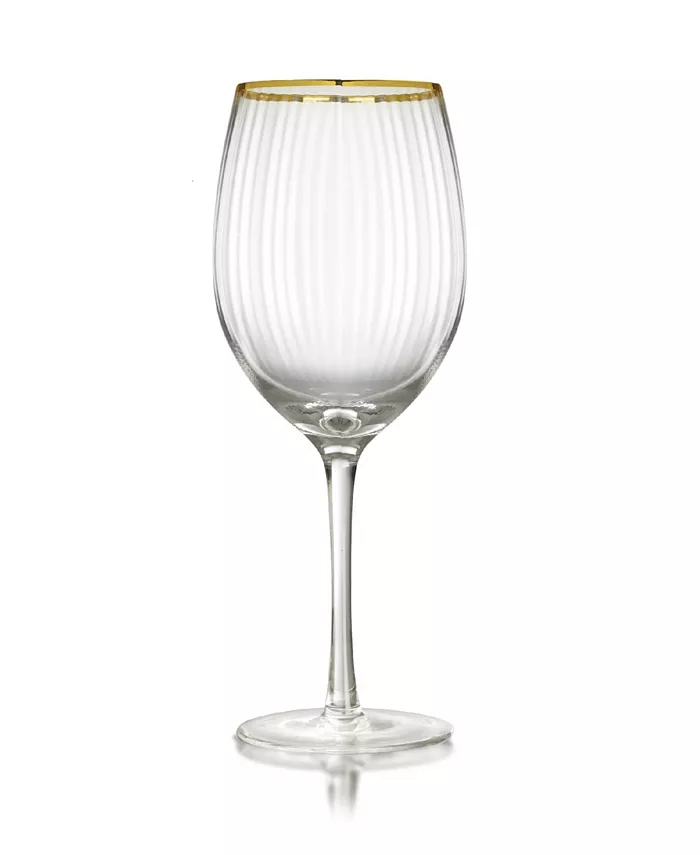 Rocher wine glass with optical raised line effect on bowl, gold-tone rim, and clear glass material.