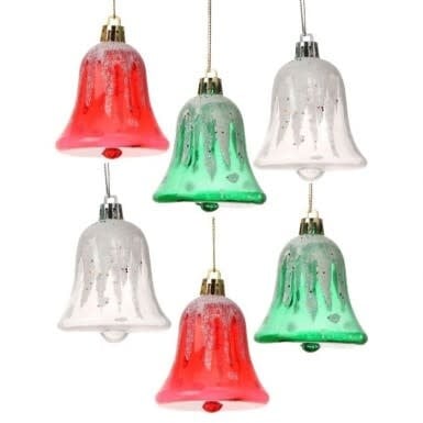 Vintage-style red bell ornament with gold accents hanging from a string.