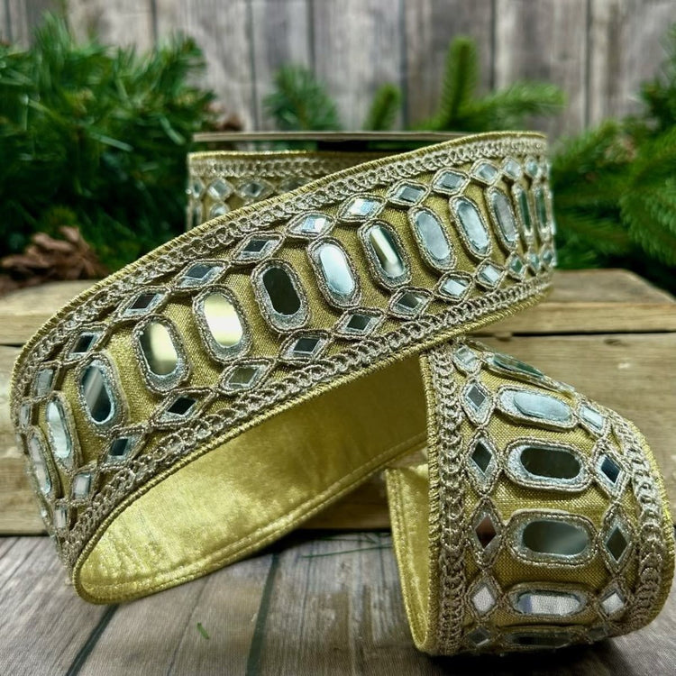 Five-yard roll of gold metallic Dupion ribbon with Art Deco mirror pattern.