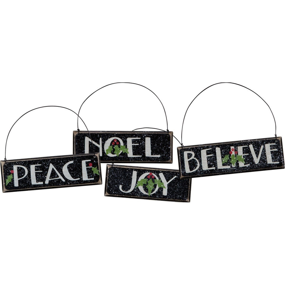 Four rustic wooden Christmas ornaments with hand-lettered text, painted holly details, and a snowy mica coating.