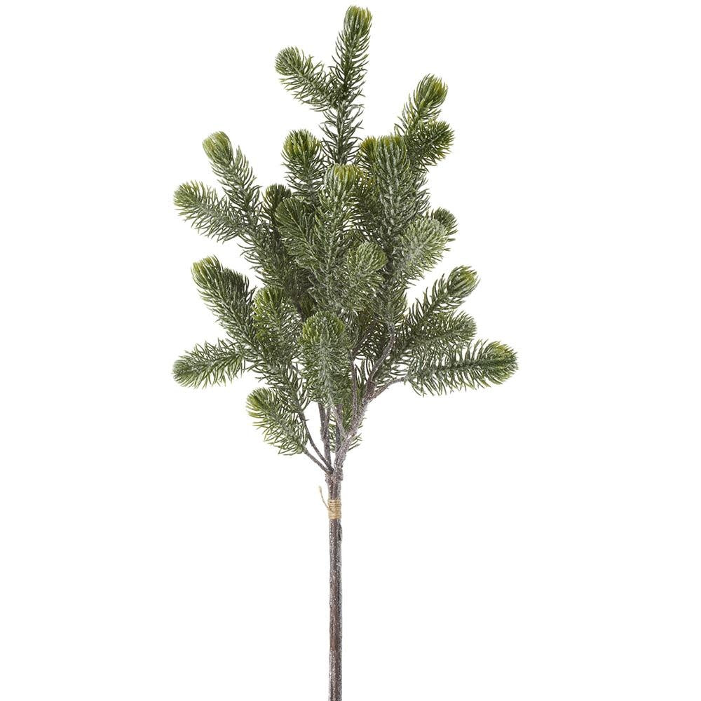Three green glittered plastic pine branches bundled together with wire stems.