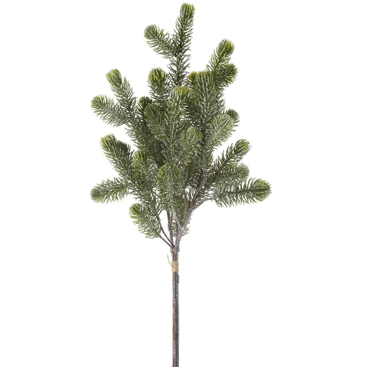 Three green glittered plastic pine branches bundled together with wire stems.