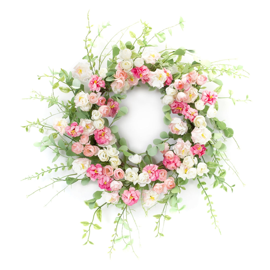 A round 23-inch mixed floral wreath made from EVA foam and paper with a colorful pattern.