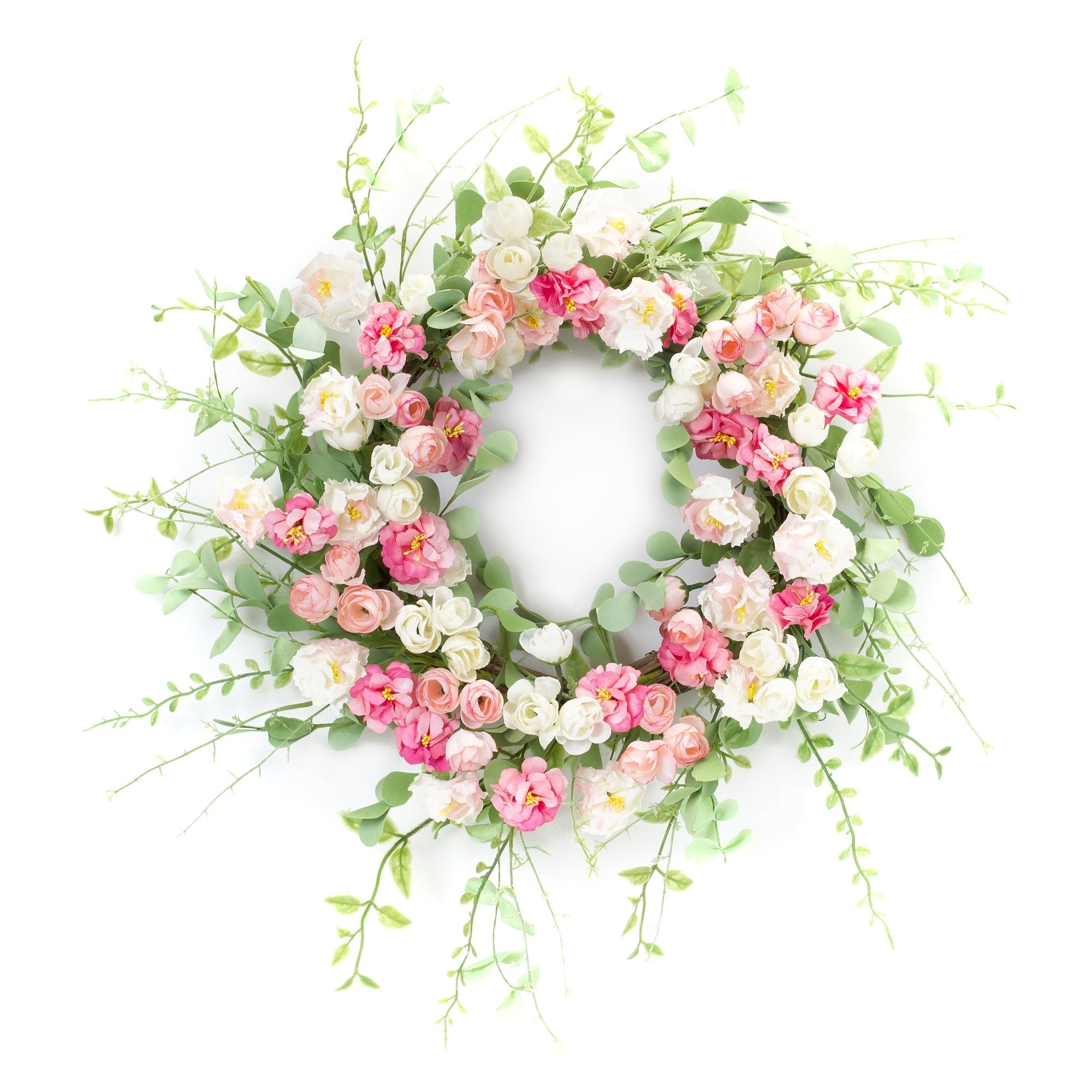 A round 23-inch mixed floral wreath made from EVA foam and paper with a colorful pattern.