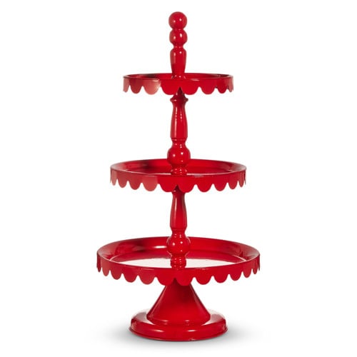 Red iron tiered stand with three levels measuring 23 inches high.