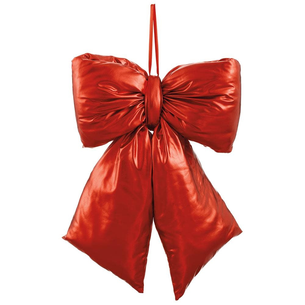 Red satin bow wreath decoration made with fabric and fiber cotton material.