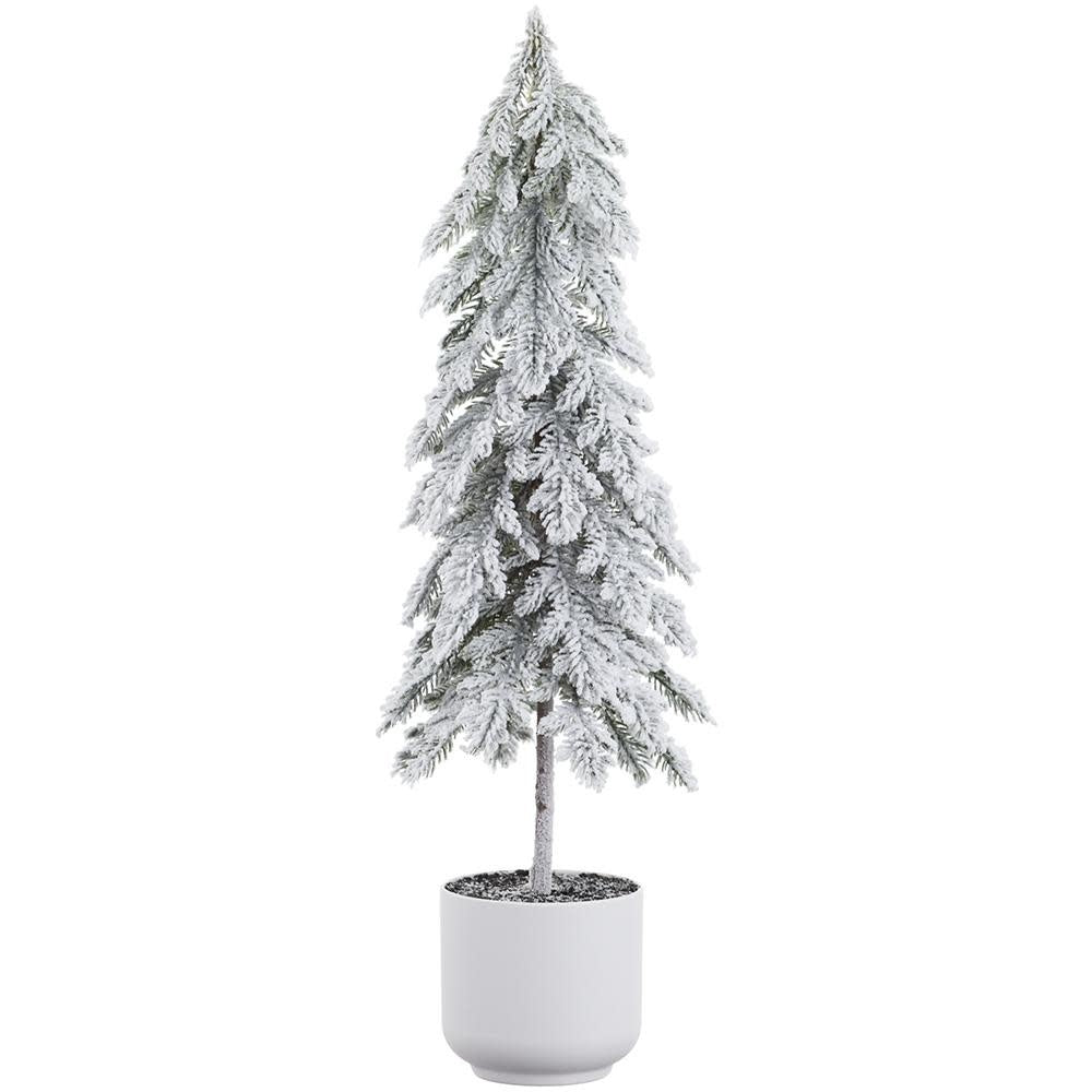 A 23-inch white-green snow-dusted pine tree in a plastic pot.