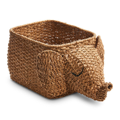 Natural sea grass elephant basket measuring 23.5 inches long with a woven silhouette.