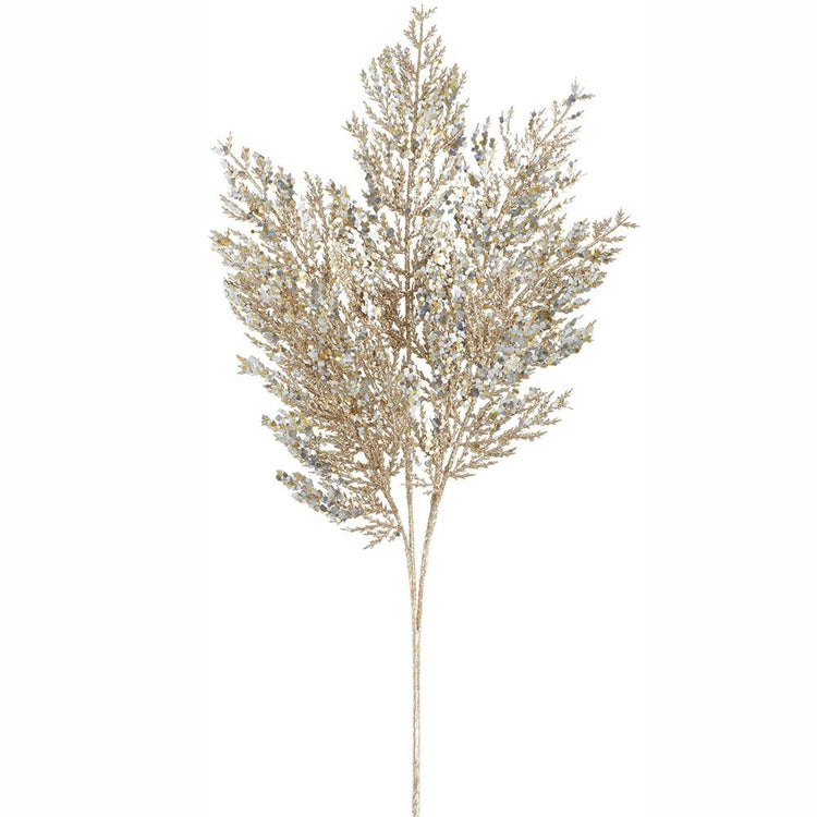 Gold glittered artificial cedar spray with plastic foliage on wire stems.
