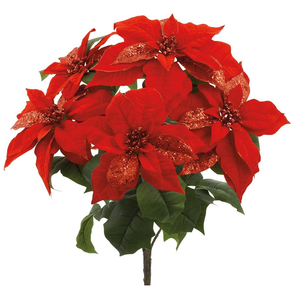 Five artificial fabric poinsettia bushes with glitter accents in red and green.