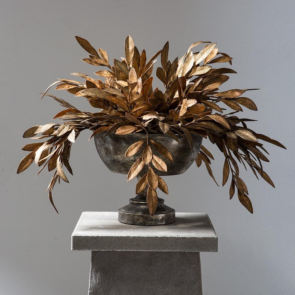Copper gold bay leaf spray with polyethylene resin foliage arranged in a wire silhouette.