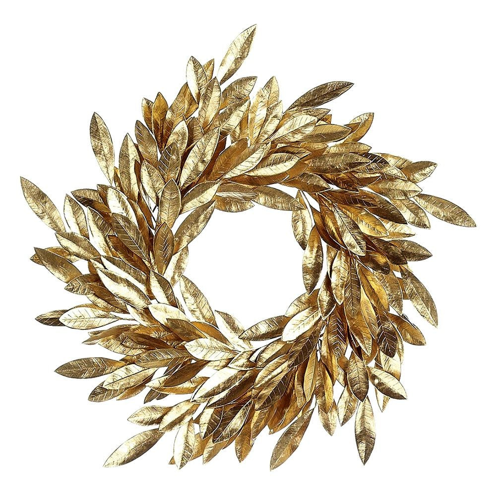 Gold plastic bay leaf wreath with wired arms on a circular frame.