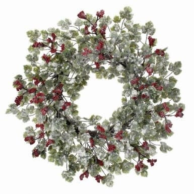 Faux frost grape leaf wreath with berry accents on a wired twig base