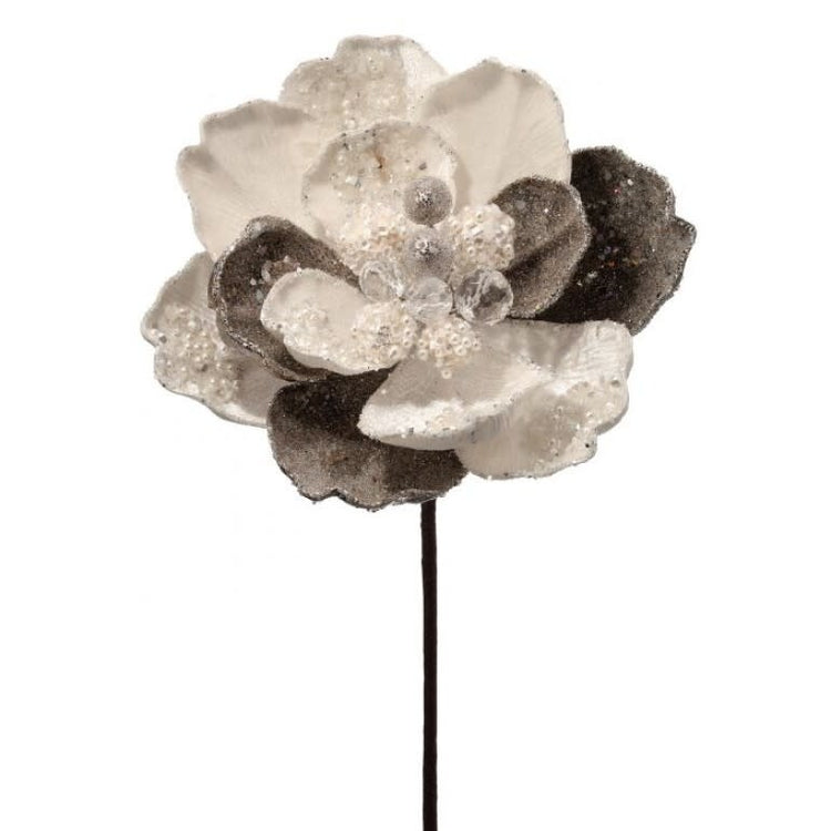 Twenty-four inch ivory magnolia stem with icy finish and jewel-encrusted petals
