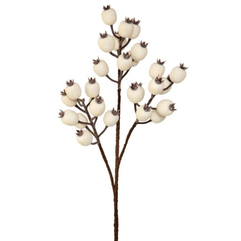 Cream white artificial pomegranate berry spray with green leaves on a 24-inch stem.