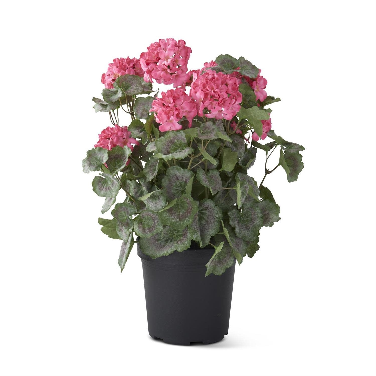 Pink faux geranium in a white pot with brown artificial soil on an iron wire stand