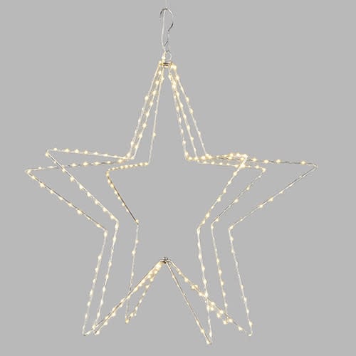 Silver-framed star-shaped lighted orb with copper accents featuring warm white LED lights.