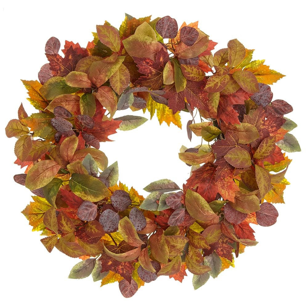 Round fall wreath featuring maple leaves in red and orange with green eucalyptus foliage on a natural rattan base.