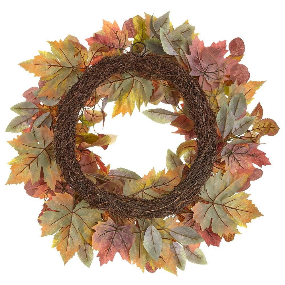 24-inch fall wreath featuring maple and eucalyptus leaves in rich autumn hues on a natural rattan base.