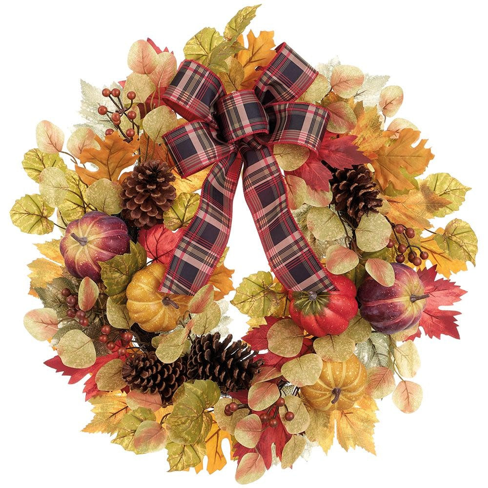 24-inch fall wreath featuring plastic pumpkins, pinecones, maple leaves on a fabric and polyfoam base.