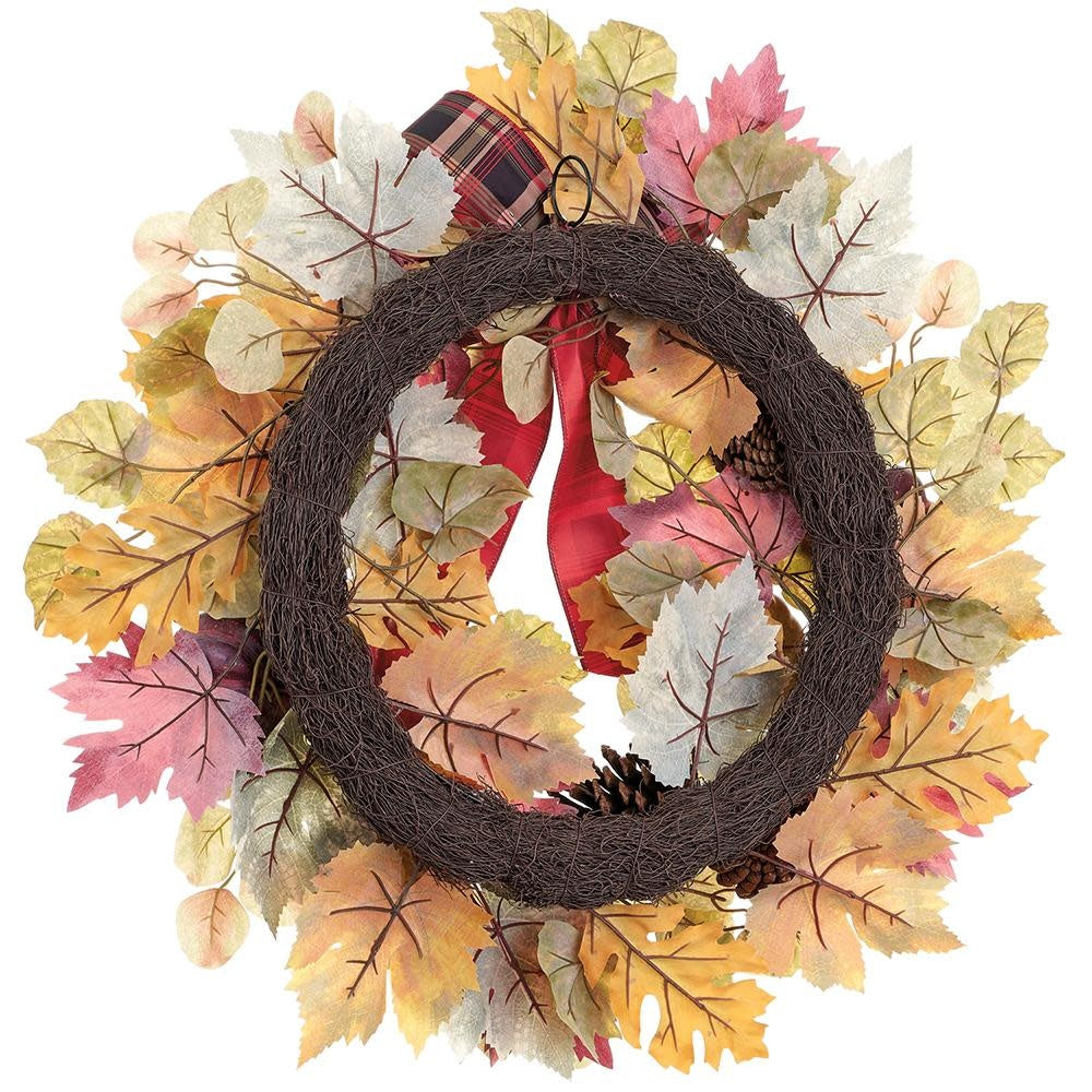 A 24-inch fall wreath featuring plastic pumpkins, pine cones, and maple leaves in autumn colors.