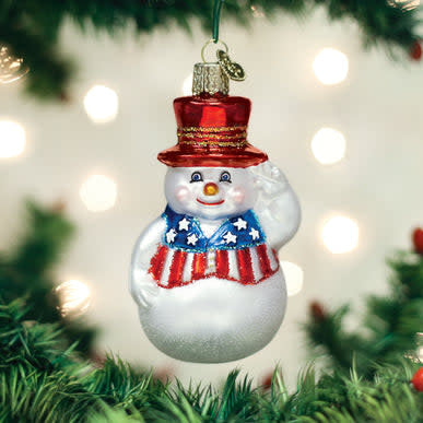 Glass patriotic snowman ornament with red white blue glitter finish