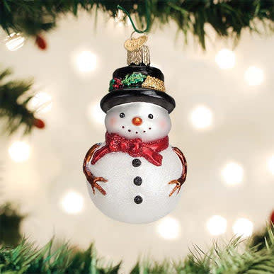 Red bow holly hat snowman ornament with green pine branch accents