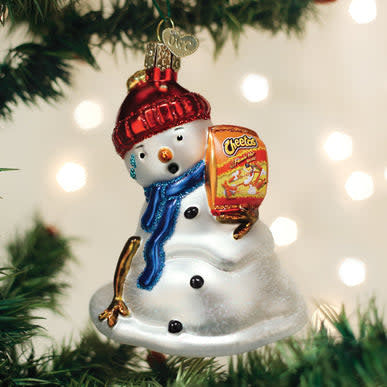 Snowman ornament holding a bag of Flamin' Hot Cheetos with melting snow effect