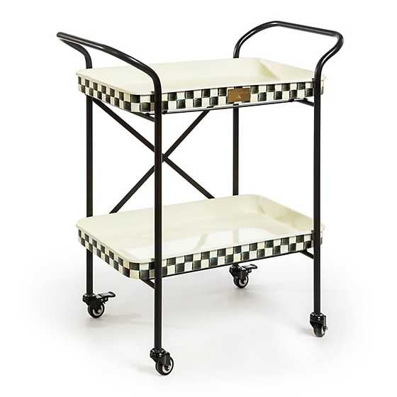 Two-tier steel kitchen cart with hand-painted Courtly Check pattern on trays.