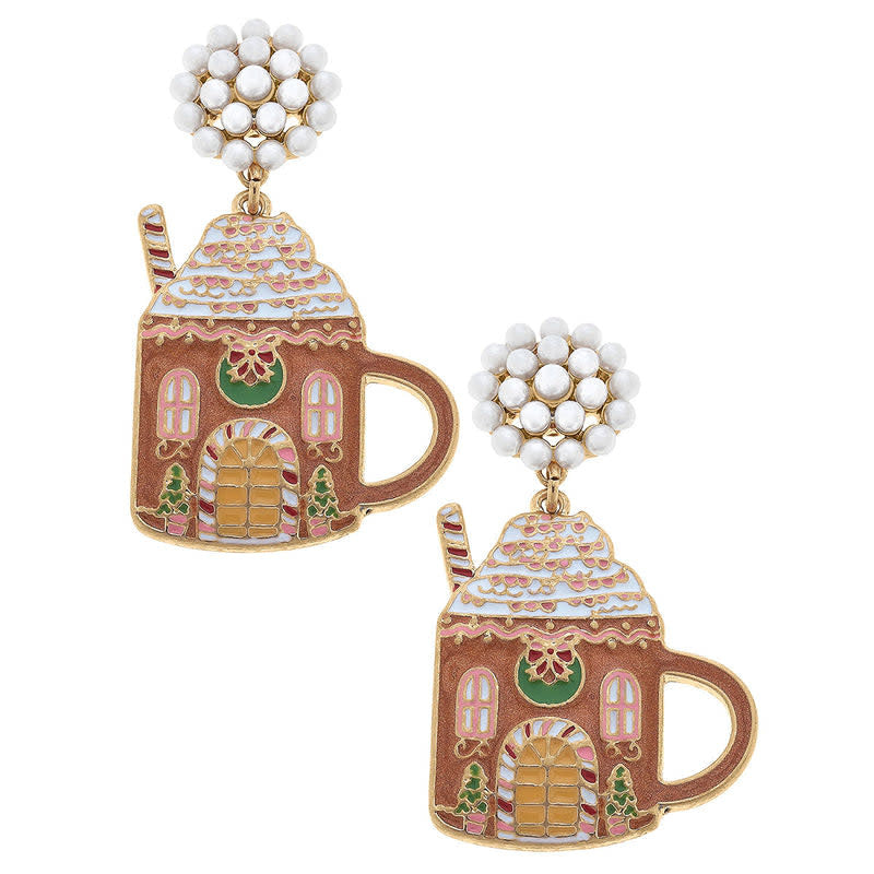 Brown enamel gingerbread house mug earrings with pink accents on worn gold plated posts