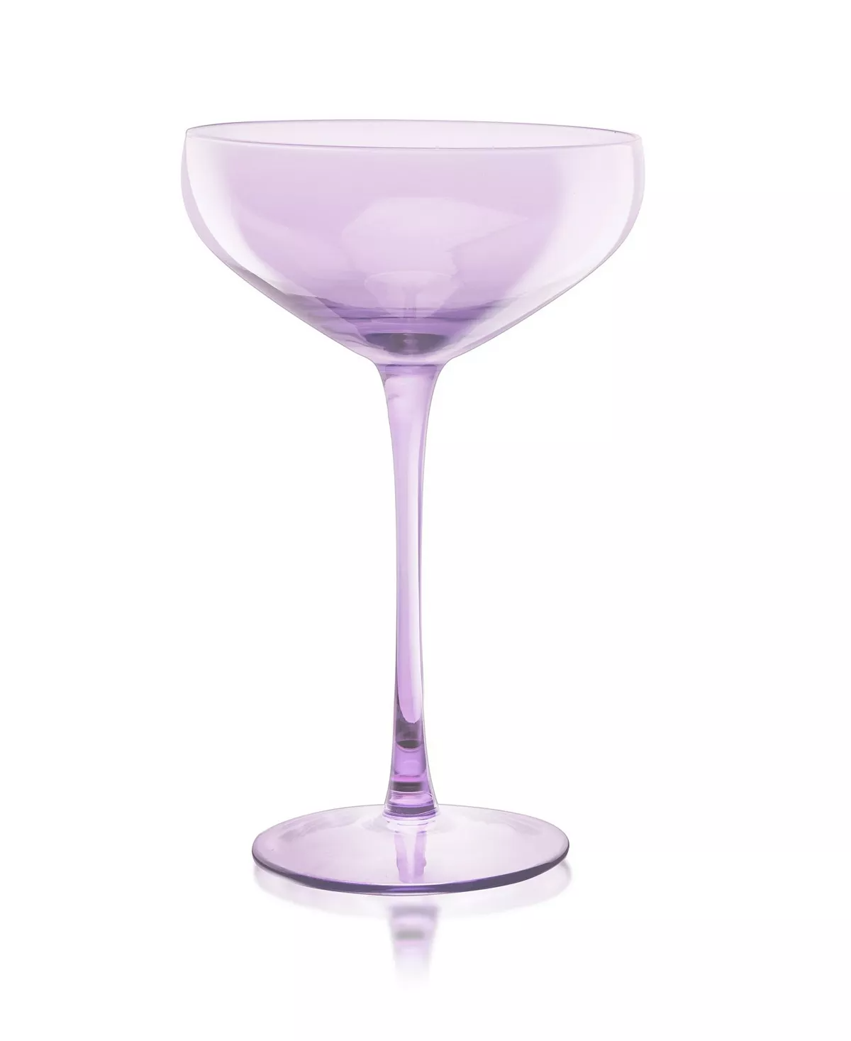 Hand-blown Carnival Coupe glass with colorful swirls in clear material.
