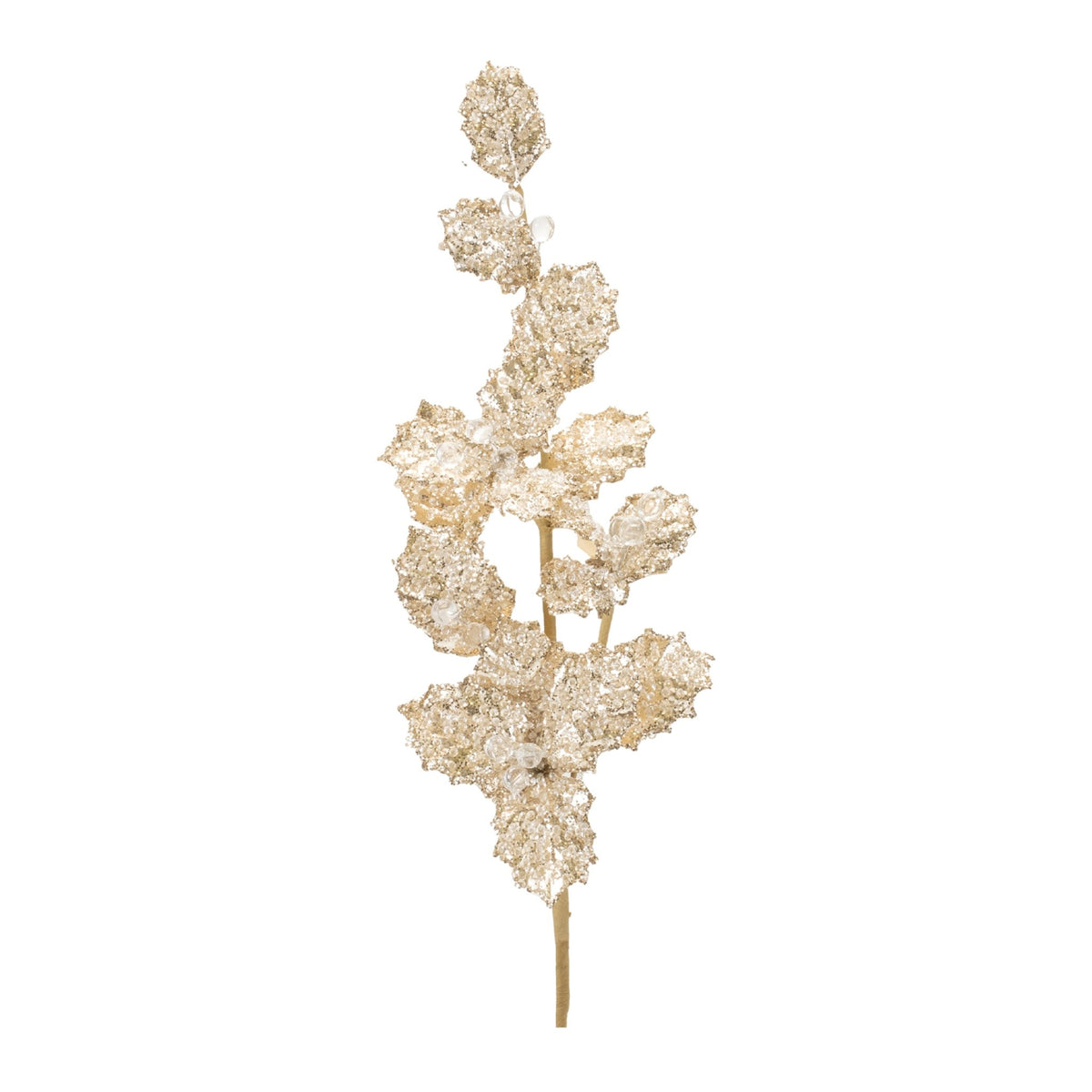24-inch tall decorative holly spray covered in gold glitter with small clear bead accents.