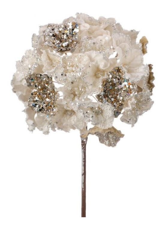 Ivory faux hydrangea stem with sparkling crystal encrustation on a 24-inch branch.