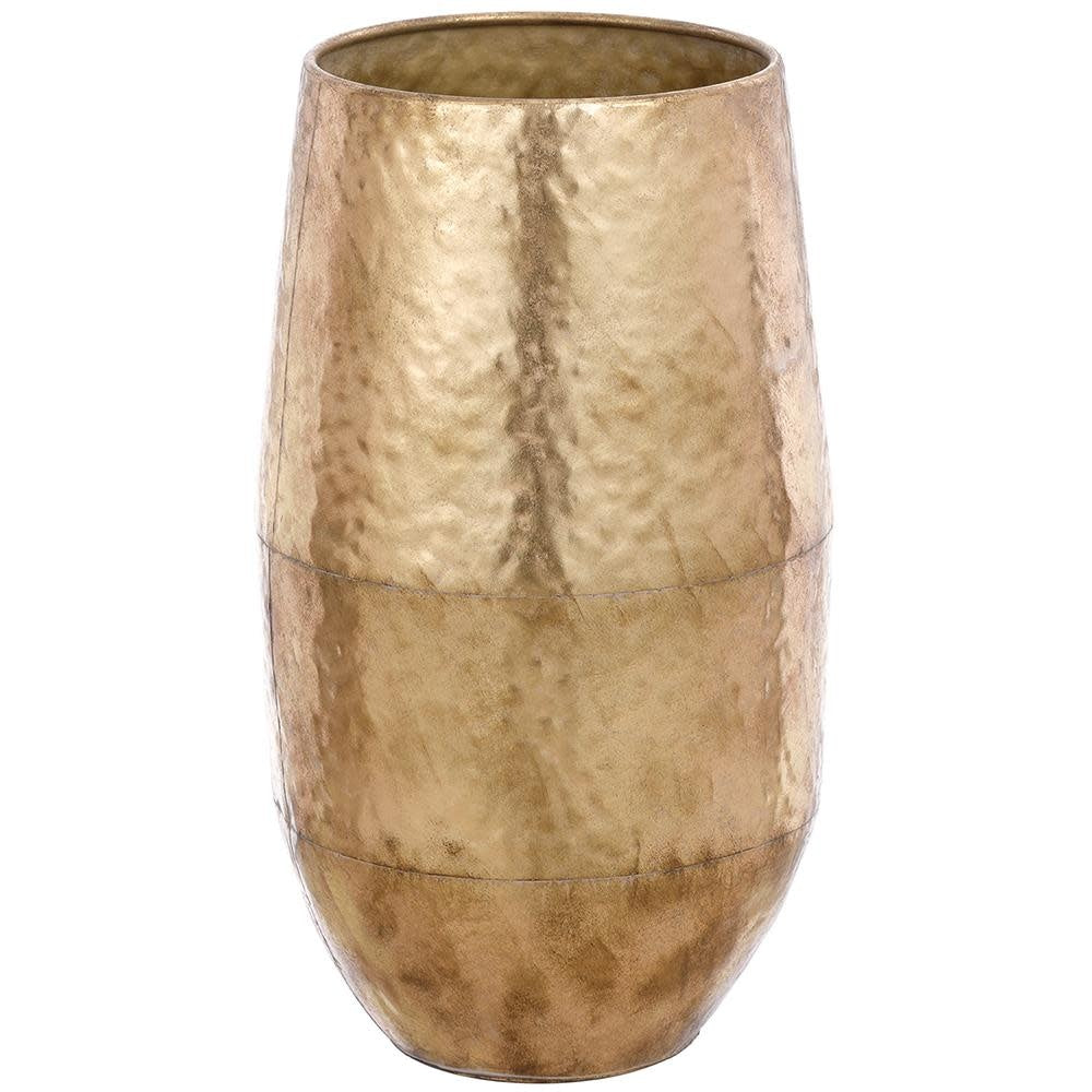 Twenty-four inch antique gold metal planter with a classic curved silhouette.