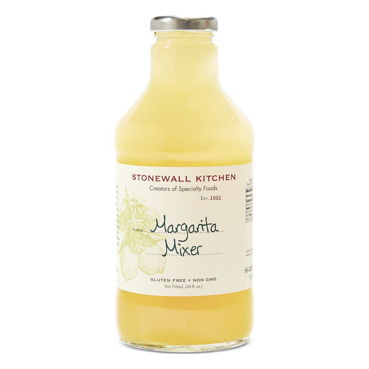 A 24oz glass bottle of Stonewall Kitchen Margarita Mixer with a yellow liquid and lime illustration.