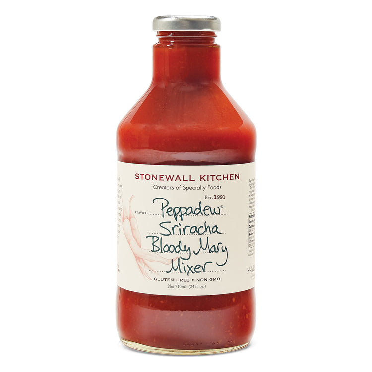 Stonewall Kitchen Peppadew Sriracha Bloody Mary Mixer in a 24oz glass bottle.