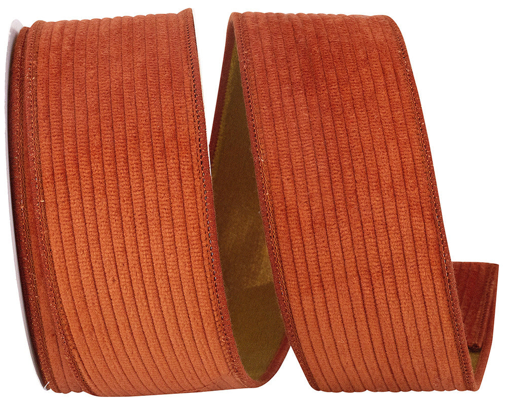 Two-and-a-half-inch wide beige corduroy ribbon with wired edge and mesh backing
