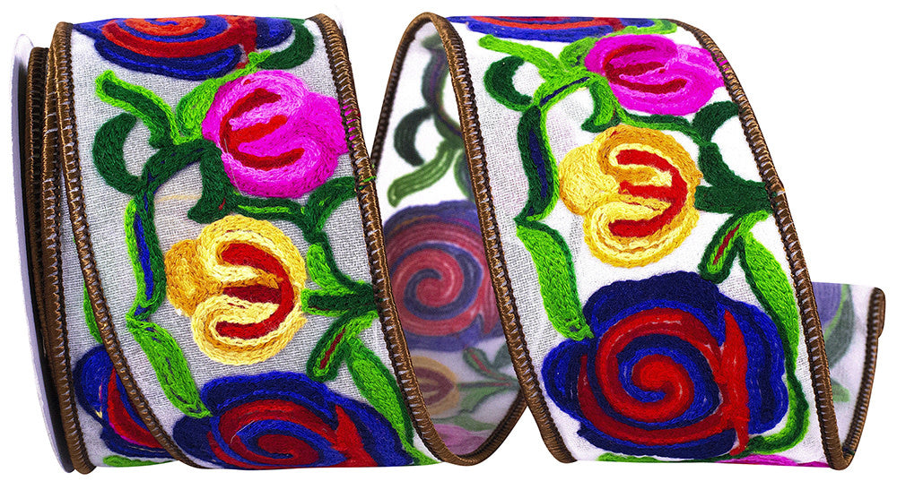 Wired ribbon with colorful floral embroidery on a white background and brown stitched edges.