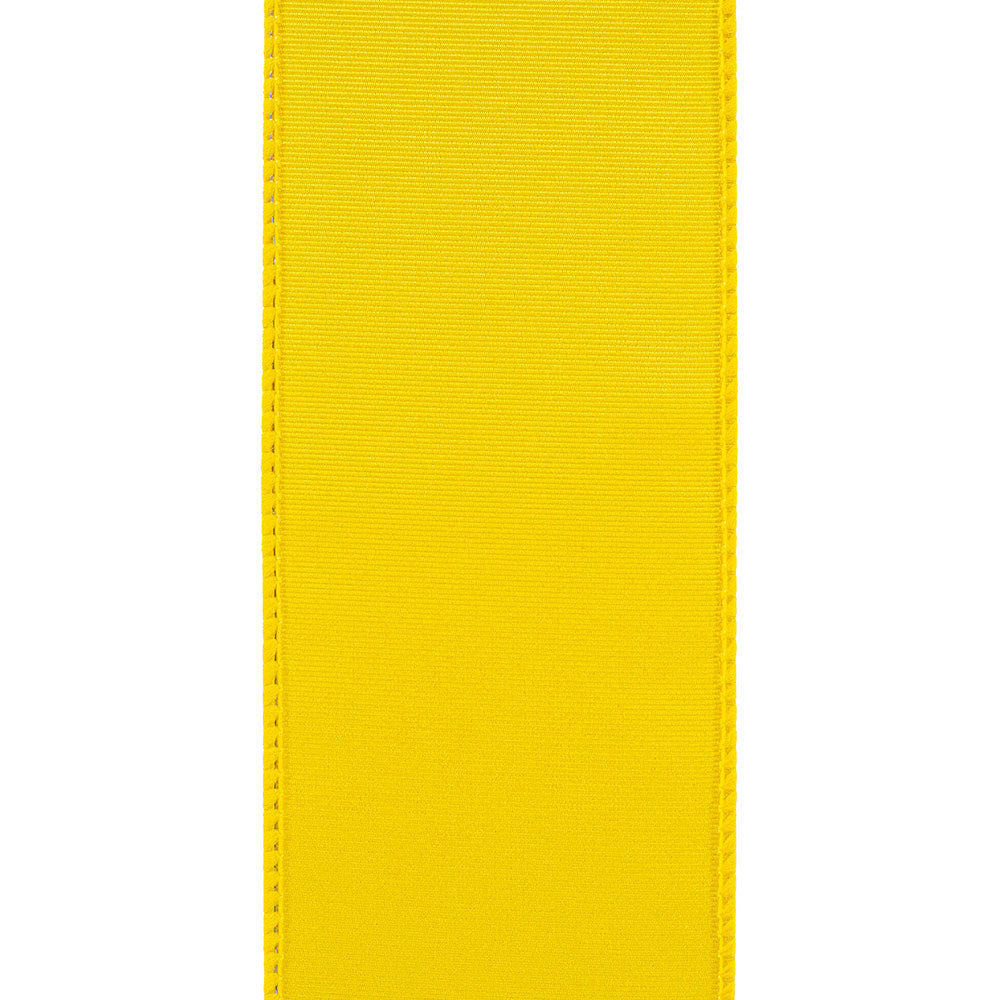 Back view of a wired polyester ribbon with grosgrain texture, subtle sheen, and cut edge in neutral tone.