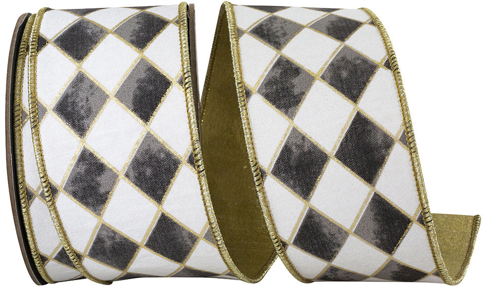 Harlequin diamond ribbon with metallic gold outlines, gold wired edges, and gold dupioni backing.