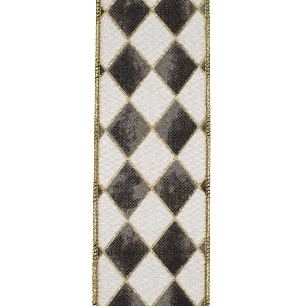 Harlequin diamond ribbon with grey patterns, gold outlines, and metallic wired edges.