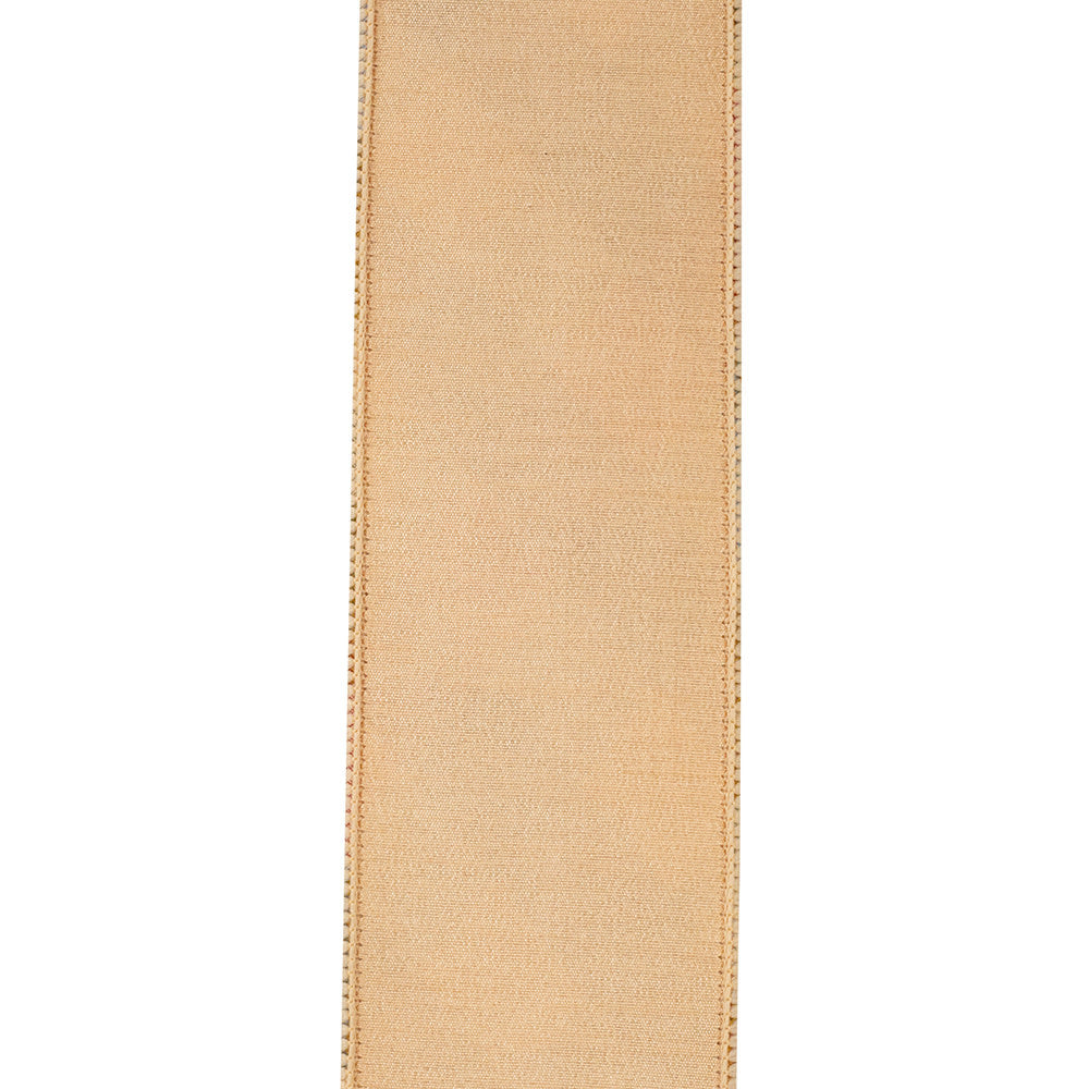 2.5-inch wide peach dupioni ribbon with a diagonal plaid pattern and wired edges.