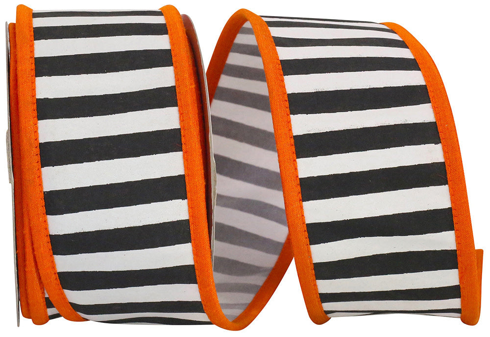 2.5-inch wide black and white striped ribbon with a vibrant orange wired edge.