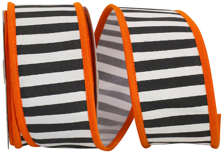 2.5-inch wide black and white striped ribbon with a vibrant orange wired edge.