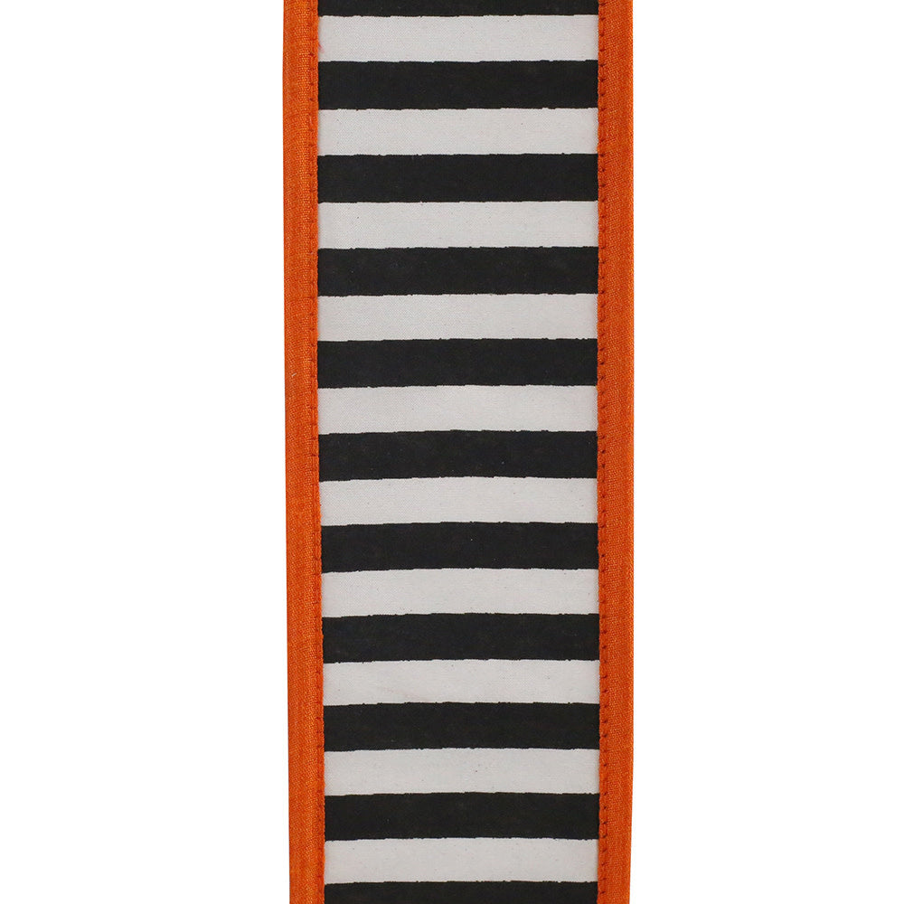 2.5-inch wide black and white striped ribbon with orange stitched wired edges.