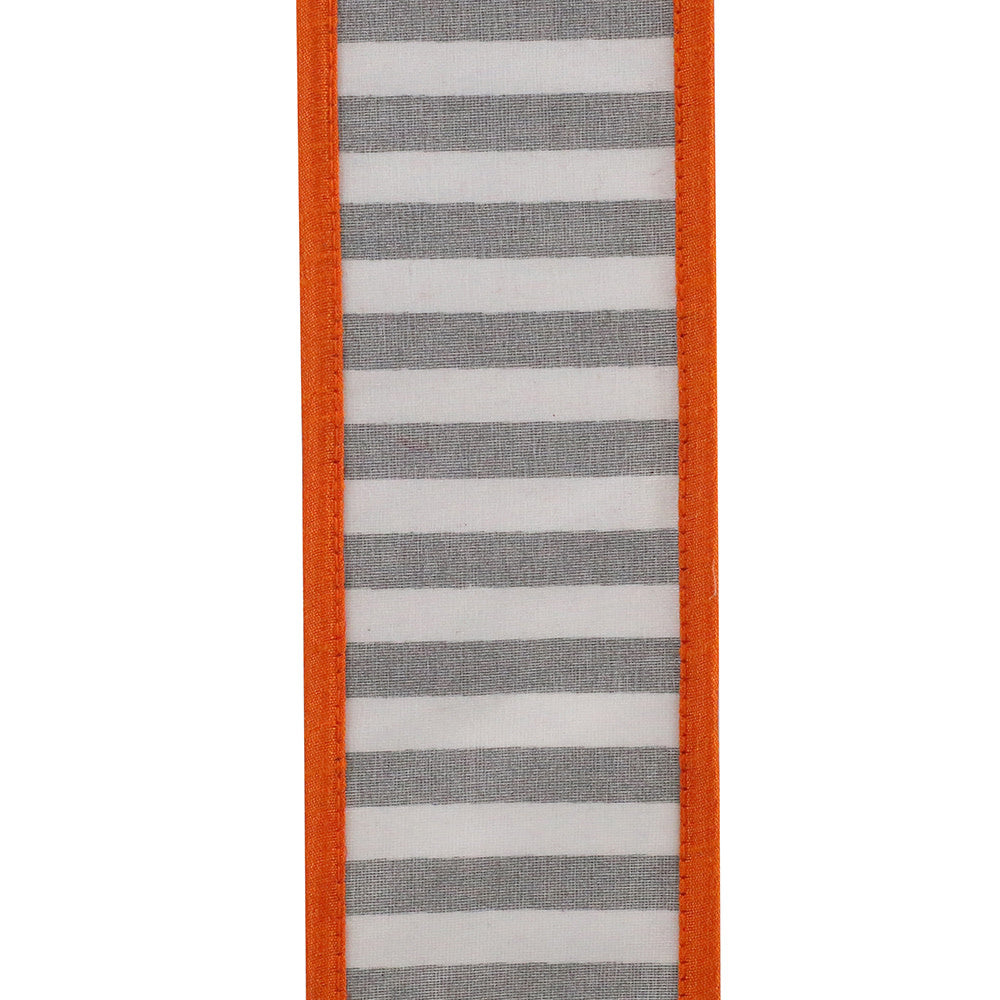 2.5-inch wired ribbon with black and white railroad stripes and solid orange stitched edges.