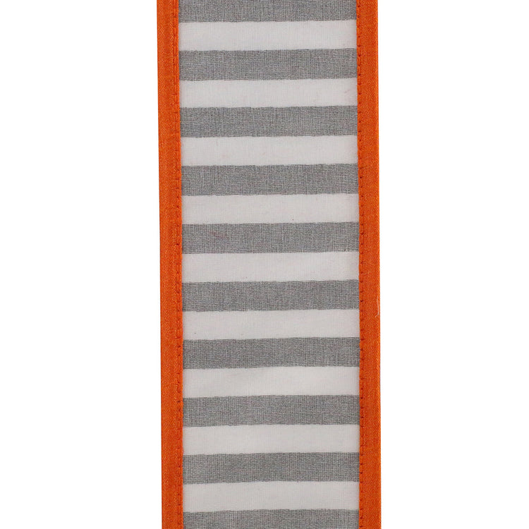 2.5-inch wired ribbon with black and white railroad stripes and solid orange stitched edges.